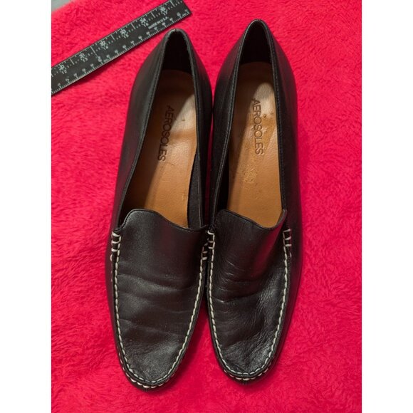 Aerosoles True Blue Loafers Womens 10 B Black Leather Contrast Stitch Block Heel - Picture 2 of 9